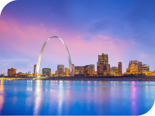 St. Louis arch view over water.